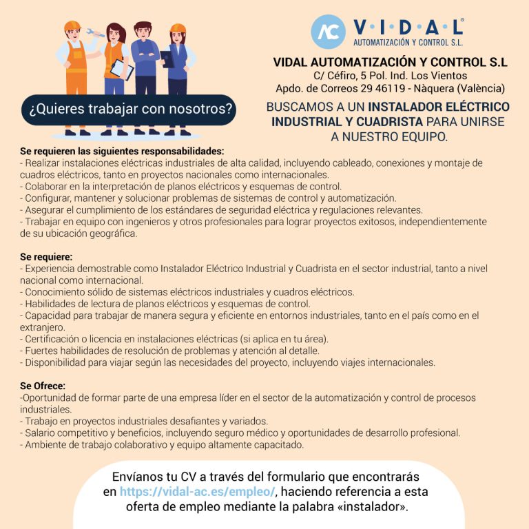 Lee más sobre el artículo Buscamos Instalador Eléctrico Industrial y Cuadrista